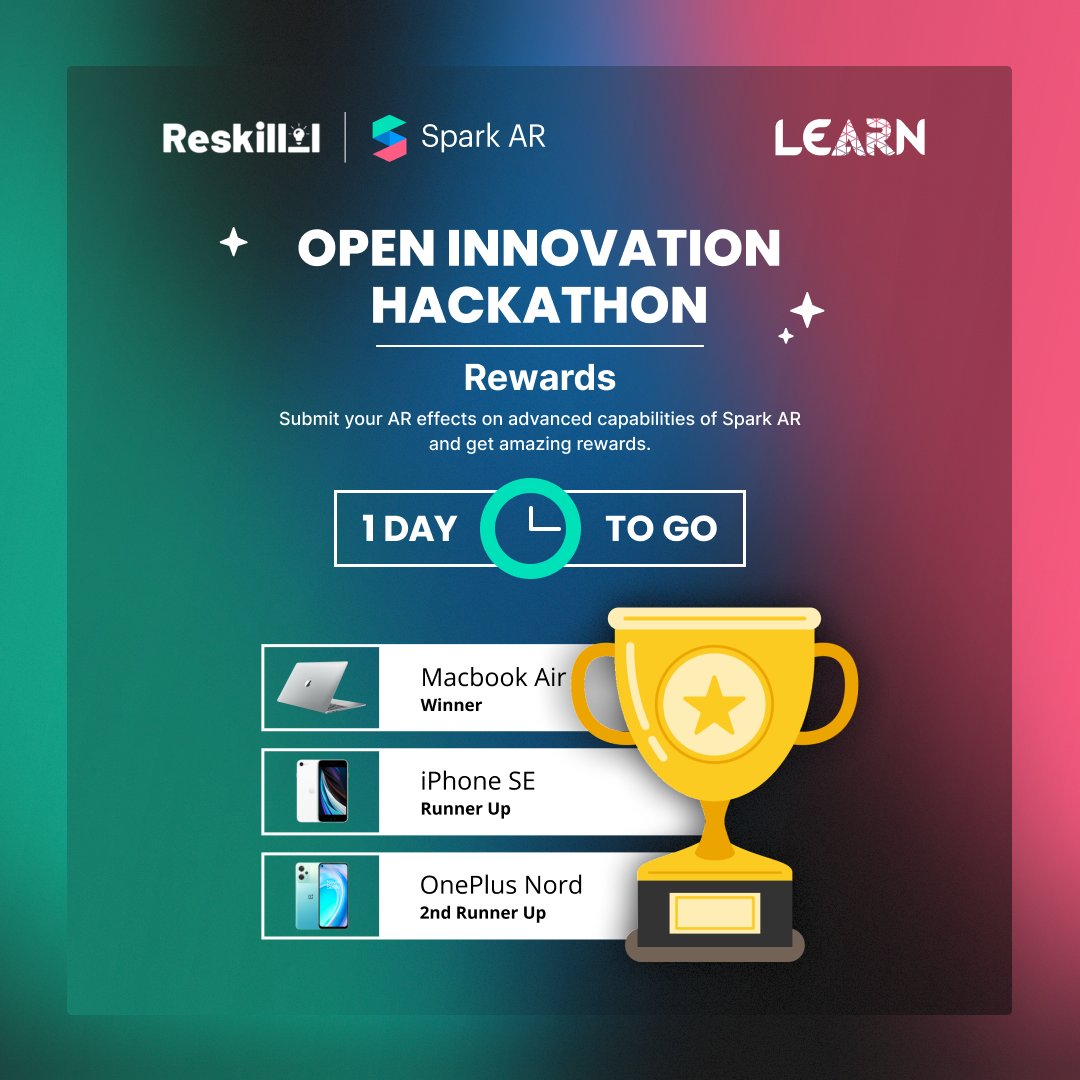 Reskilll's tweet photo. 1 Day to go! Submissions Closing Tomorrow.
Submit your AR effects around 3 exciting challenges & win amazing rewards such as Macbook Air, iPhone SE and OnePlus Nord at Open Innovation Hackathon.
Submit your AR Effects now - https://t.co/YtMDEsIqRx
#Hackathon #OnlineHackathon https://t.co/oAY8800Wet