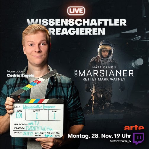 Den Film „Der Marsianer“ mit den Profis sehen &amp; besprechen! 
Einschalten (Montag, 28.11. um 19 Uhr), wenn Daniela Tirsch (<a href="/DLR_de/">DLR_de</a> Planetenforschung) &amp; Volker Schmid (<a href="/DLR_SpaceAgency/">Deutsche Raumfahrtagentur</a> Missionsleiter <a href="/Astro_Alex/">Alexander Gerst</a> &amp; <a href="/astro_matthias/">Matthias Maurer</a>) mit <a href="/DoktorWhatson/">Doktor Whatson</a> bei <a href="/ARTEde/">ARTE</a> zum #Mars reisen.