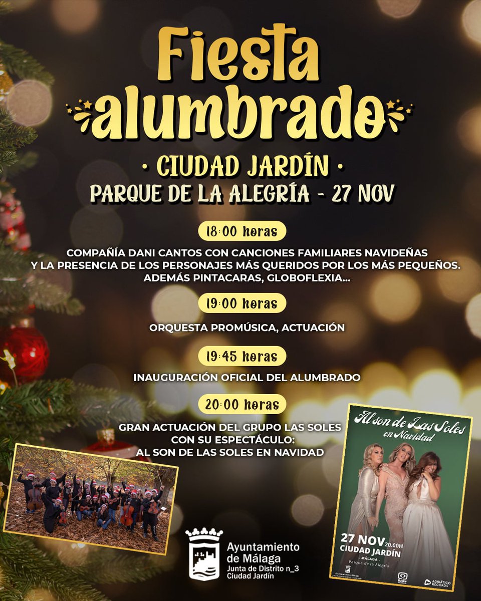 📌Recordaros que el Domingo a partir de las 18 horas podremos disfrutar en nuestro distrito de la fiesta con motivo del encendido de las luces de Navidad en 📍Parque de la Alegría (Cmo de Casabermeja 43).
¡Te esperamos!
🎄🎶💃✨️✨️
<a href="/Distrito3malaga/">Distrito 3 Ciudad Jardín</a>
<a href="/AvelinoPP/">Avelino Barrionuevo</a>
<a href="/julia_mlg021/">Juliagm13</a>