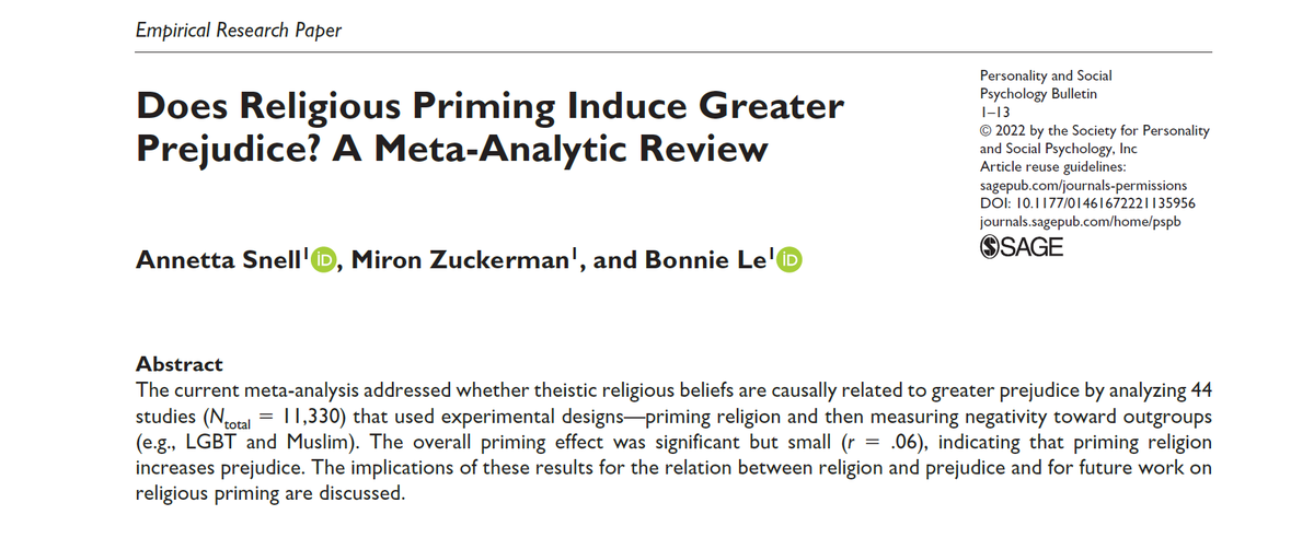 RubinPsyc's tweet photo. New meta-analysis finds that “priming religion increases prejudice.”

https://t.co/C5UtyHa6Cp https://t.co/8ouNVHp7Ic