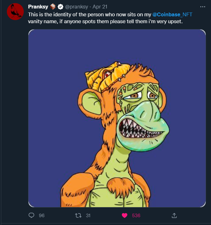 aims4gains's tweet photo. It was an honor to have you for 9 months, ty for everything 🫶. You will always be remembered as the ugly mutant who got @pranksy 's coinbase name 🫡

(i just really want a much better looking mutant 😆) https://t.co/sywpHWVCei