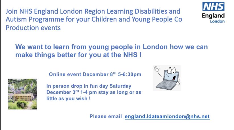 Londons Learning Disability and Autism Programme within NHS England want to hear from children and young people with learning disabilities &amp; young people who are autistic, and carers, on how we can make your #NHS work better for you across London.  Help shape your NHS! Please RT