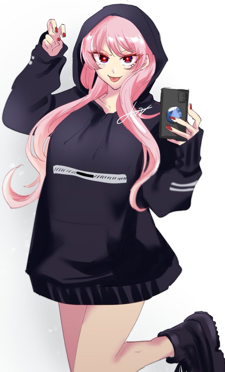 mori calliope 1girl hood pink hair hoodie phone long hair solo  illustration images