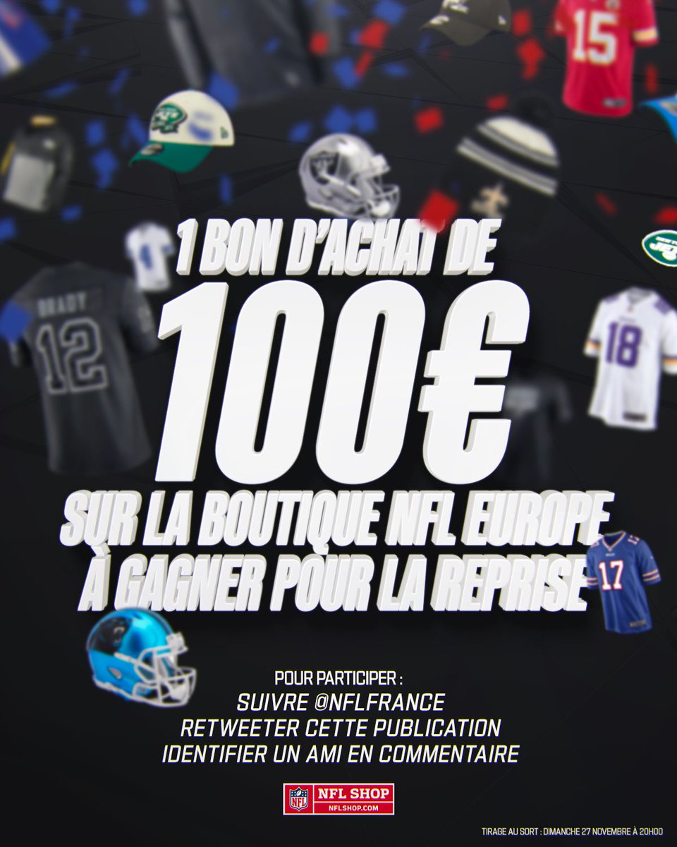 NFLFrance's tweet photo. 🛒🎁 JEU CONCOURS NFL Shop !

À l’occasion du Black Friday, nous vous offrons 1 bon d’achat de 100€ à utiliser sur le NFL Shop Europe !

Pour participer:
• Suivre @NFLFrance
• RT ce tweet
• Mentionne un ou une ami https://t.co/JuKwtMZoZD