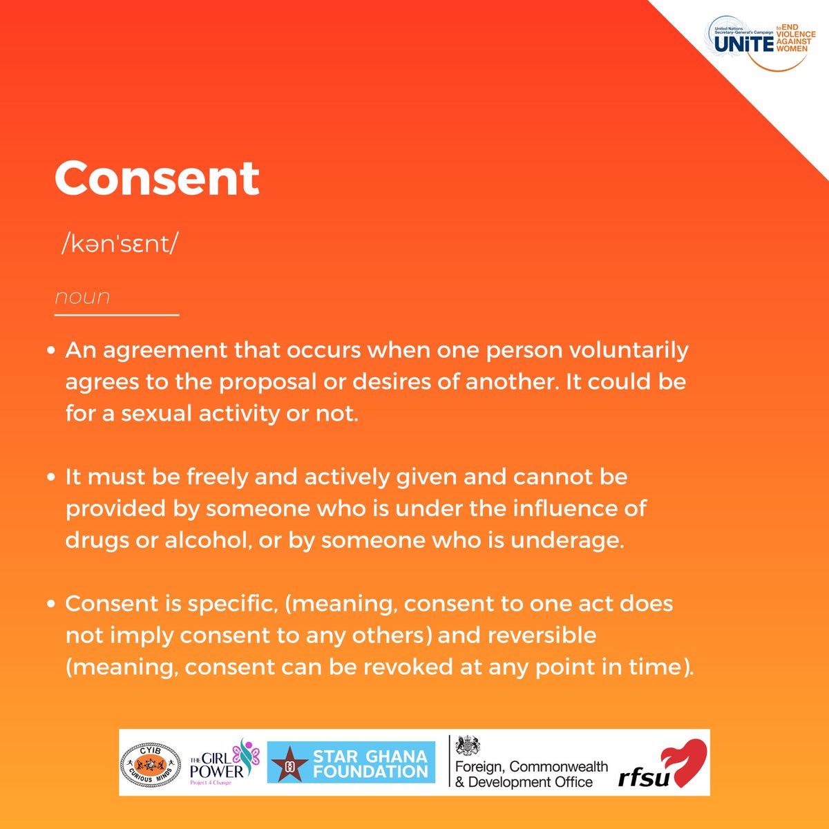 Although consent may come in "YES", it doesn't end there. 

✅It must be freely &amp; actively given
✅It cannot be provided by someone who is under the influence of drugs or alcohol
✅It cannot be given someone who is underage
✅It is specific &amp; reversible

#16Days #OrangeTheWorld