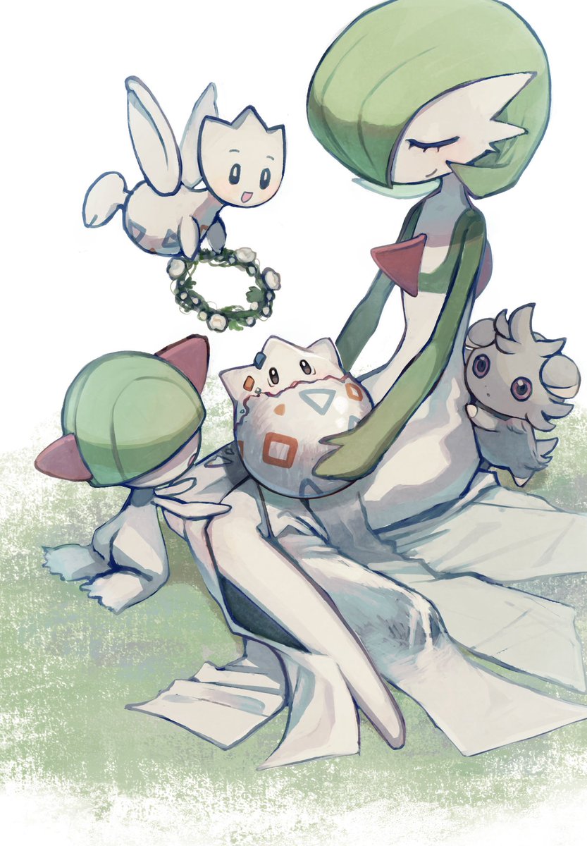 gardevoir pokemon (creature) sitting smile closed eyes closed mouth open mouth green hair  illustration images