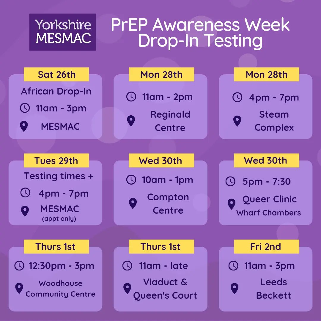 mesmachealth's tweet photo. It's PrEP Awareness Week! Take a look at where we'll be around Leeds and come get a free, fast, and confidential test! (Or just come say hi! 👋)
#PrEP #prepawarenessweek2022 #sexualhealthscreening https://t.co/sjbI5pstjt