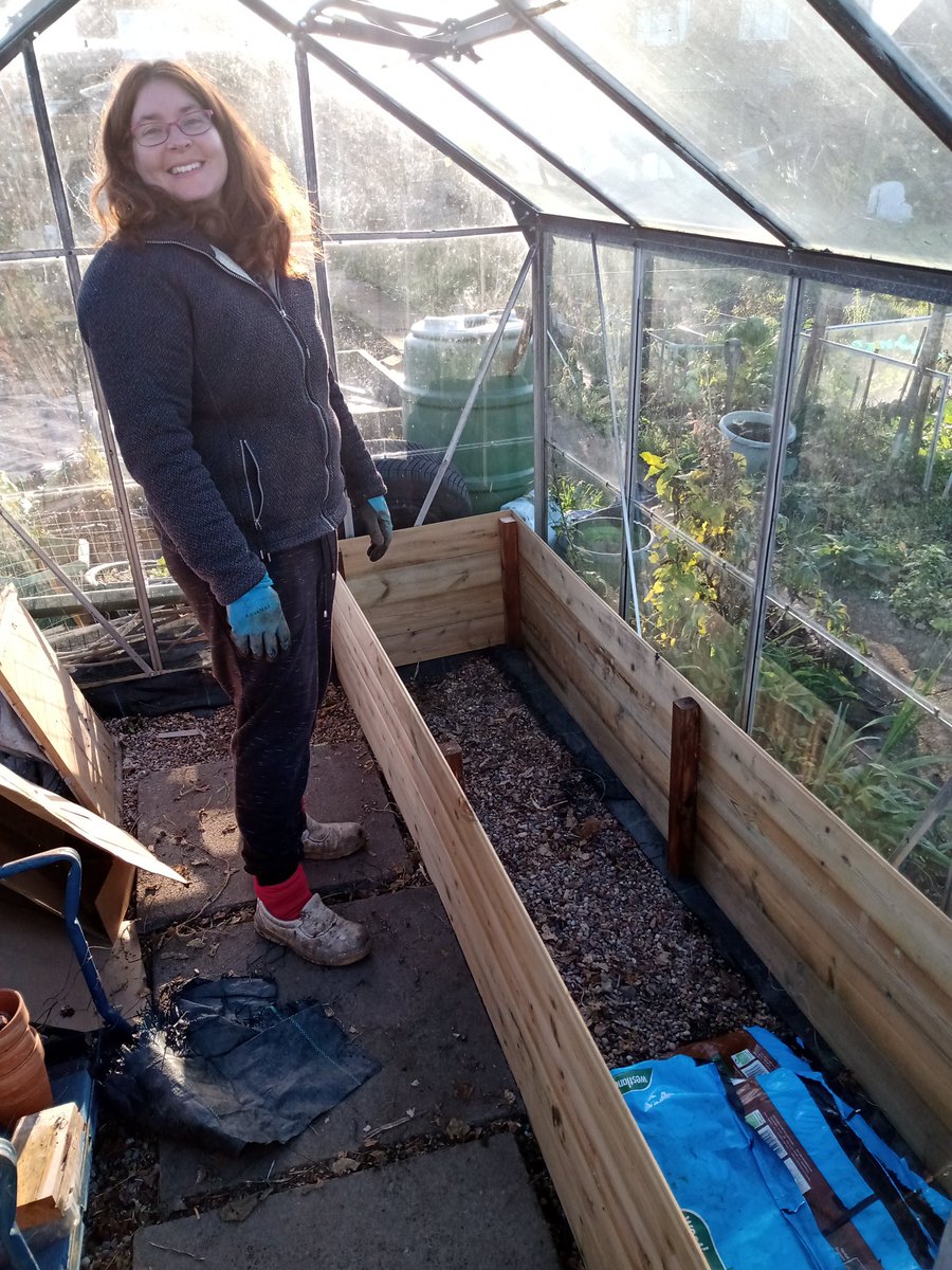 #BuyNothingDay at the allotment yesterday, making a raised bed for the greenhouse out of scrap wood.