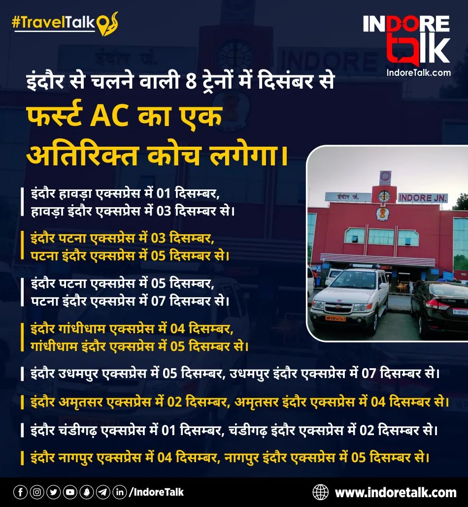 IndoreTalk's tweet photo. #TravelTalk: इंदौर से चलने वाली ट्रेनों में बढ़ रही भीड़ और लंबी वेटिंग लिस्ट के मद्देनज़र इंदौर से चलने वाली 8 ट्रेनों में दिसंबर से फर्स्ट AC का एक अतिरिक्त कोच लगेगा।
#IndoreRailwayStation #FirstAC #IndianRailways #Travel #Indore #IndoreTalk https://t.co/ei8wYqjRxz
