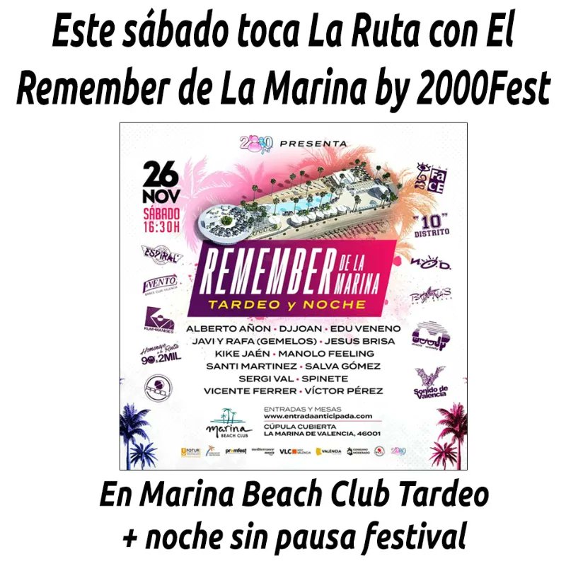 hosteleriaenvlc's tweet photo. Este sábado toca La Ruta con El Remember de La Marina by 2000Fest
https://t.co/MA57dOpcfG
@MarinaBeachCVlc @victorperezdj @homenajealaruta @ProdjCv @GVAturisme #2000Fest #MarinaBeachClubValencia #HosteleriaEnValencia #ProDjCv #TurismeComunitatValenciana #MarinaBeachClub https://t.co/FjbaX9aw0Q