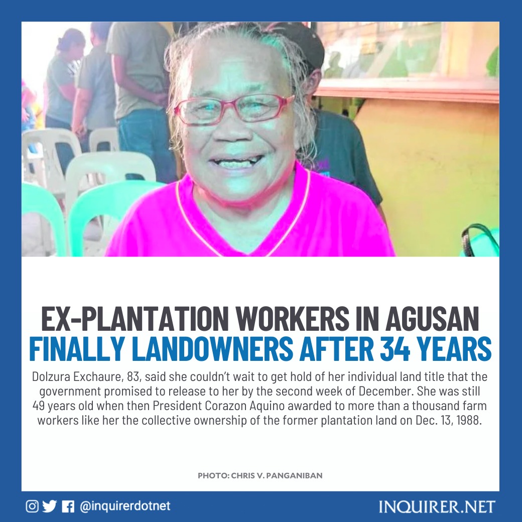inquirerdotnet's tweet photo. After 34 years of waiting, former workers of NDC-Guthrie Plantations Inc. in San Francisco, Agusan del Sur, will finally own individual titles for a parcel of their former employer’s landholdings, earlier distributed to them under the Comprehensive Agrarian Reform Program. https://t.co/2Ab0OAgvOc