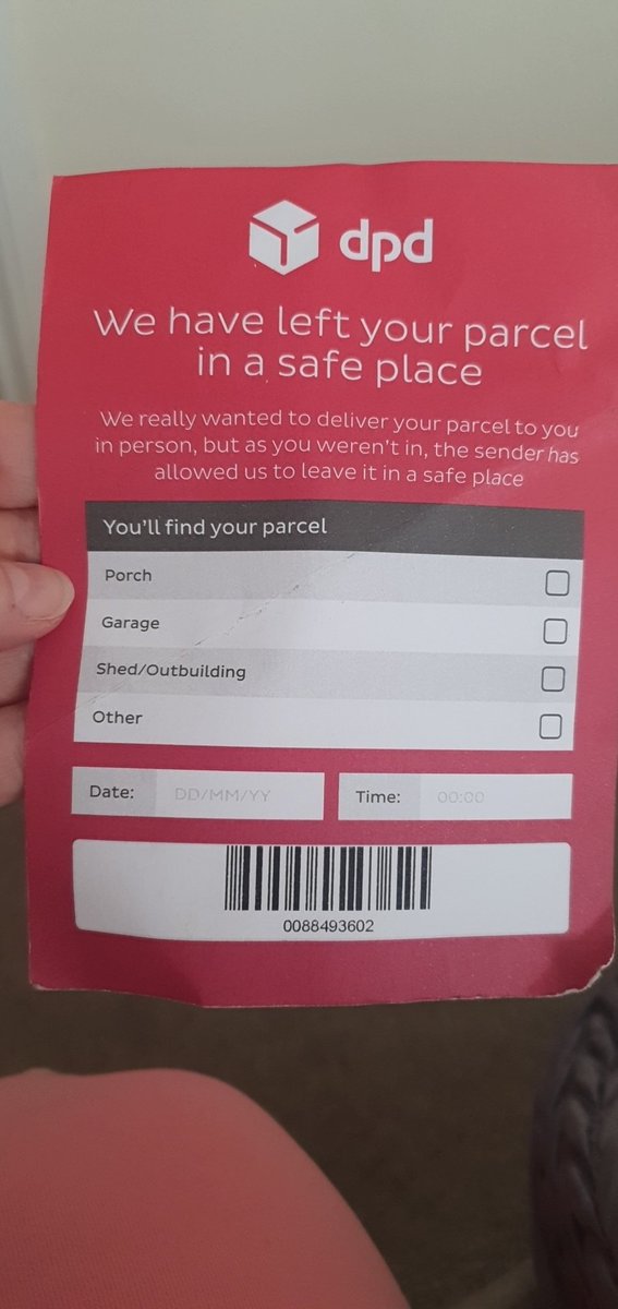 cherryconsults's tweet photo. #DPD tell me- what good is this to anyone?! Zero effort. Zero effectiveness for you or the customer. Brilliant https://t.co/VQhnomC4wn
