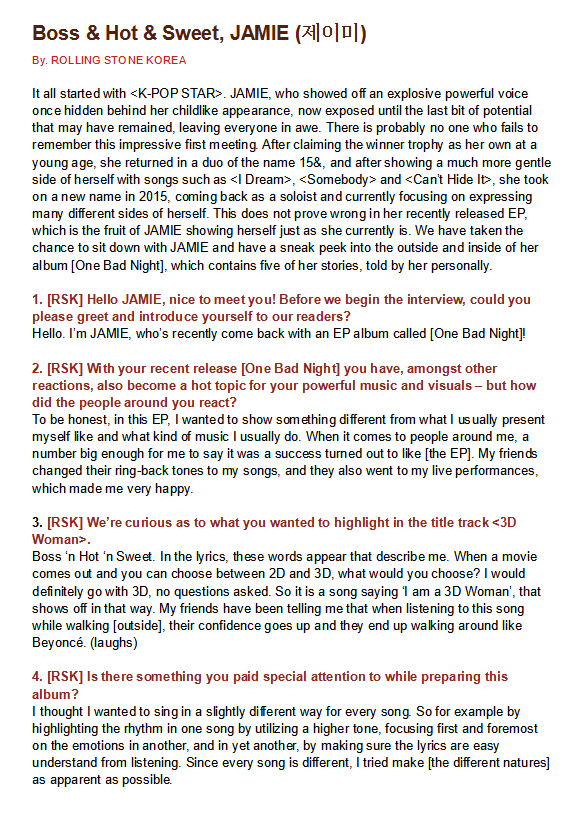 OGJsubs's tweet photo. [INTERVIEW]
“Boss &amp; Hot &amp; Sweet, JAMIE (제이미)” by ROLLING STONE KOREA

Translation in picture
Original link: https://t.co/I0jXKZVUsI
#JAMIE #제이미 #OneBadNight https://t.co/ZT0VjTVVRB