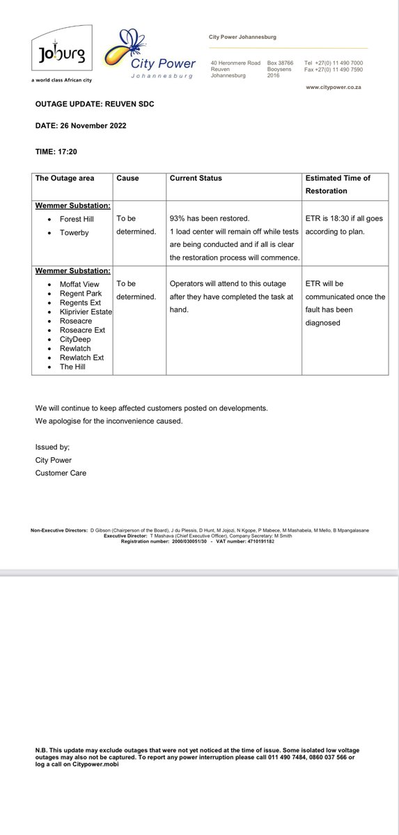 CityPowerJhb's tweet photo. #Reuven #JoburgUpdates
Power is 93% restored at #ForestTown.
Operators will attend to the outage affecting moffat view and surroundings upon completion of task at hand. ^TM https://t.co/a1iMvSkc9I