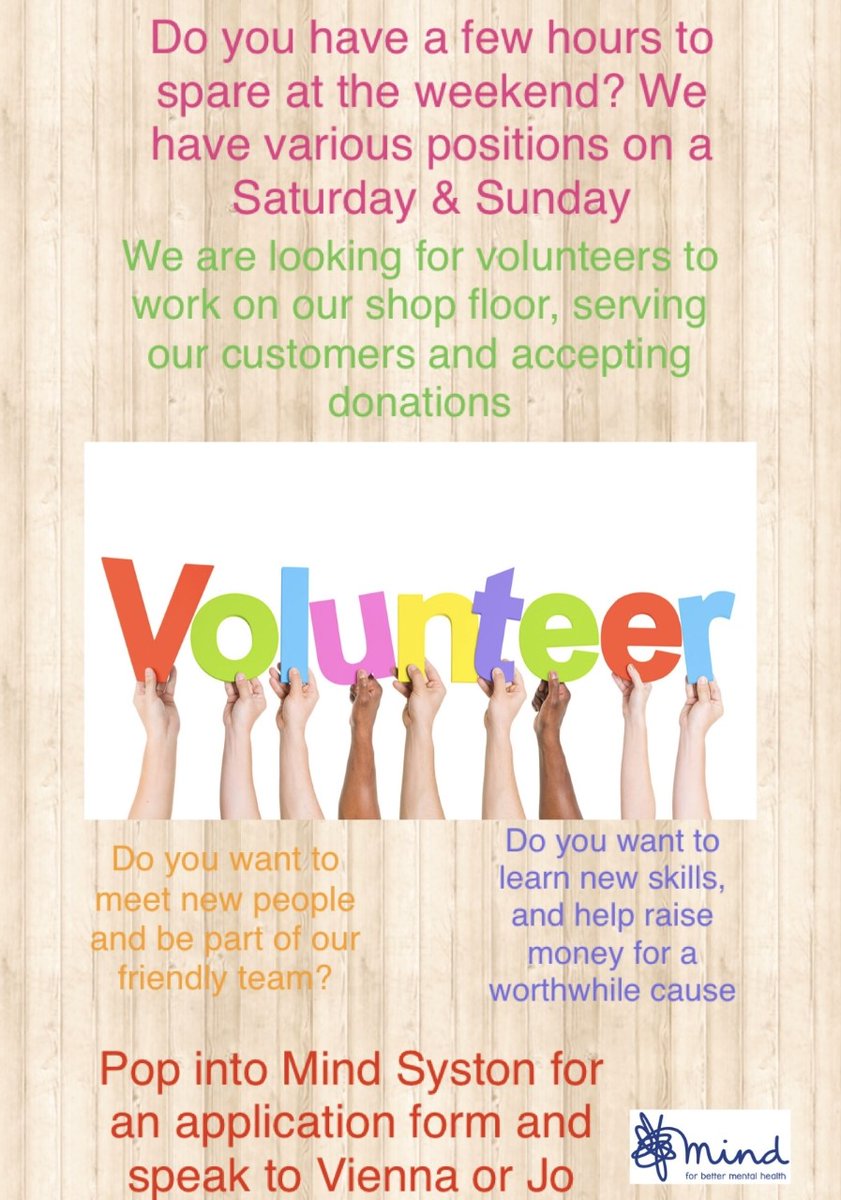 mindshopsyston's tweet photo. we have exciting weekend volunteer positions at Mind Syston, no experience necessary, full training given, 25% volunteer discount, lots of tea &amp; biscuits, all we ask in return is commitment and a friendly can do attitude, pop in and see us #mymindshop @SystonTownNews #volunteer https://t.co/JCxx4S2rAL