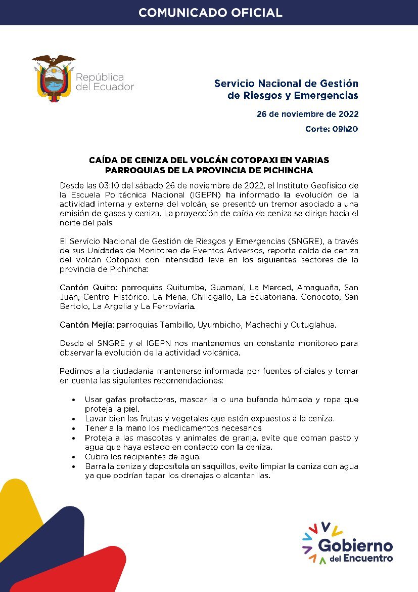 Riesgos_Ec's tweet photo. 📌COMUNICADO | Caída de ceniza del volcán #Cotopaxi en varias parroquias de la provincia de Pichincha.

#GestiónDeRiesgosEc https://t.co/6zyRW9kptV