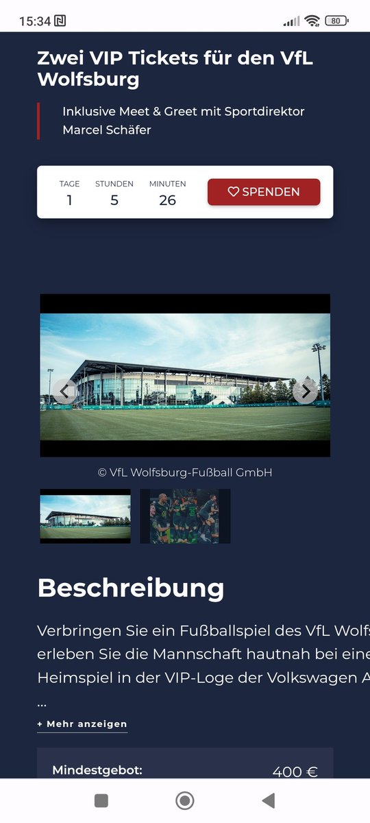 Vielen Dank nach Wolfsburg für die Unterstützung der Benefizauktion der <a href="/AFStiftung/">Arne-Friedrich-Stiftung</a>, des #Duke und der <a href="/BuergerStBerlin/">BürgerstiftungBerlin</a> . Bis morgen Abend 21 Uhr könnt ihr zwei VIP Tickets für den <a href="/VfLWolfsburgeV/">VfL Wolfsburg e.V.</a> und ein Treffen mit Sportdirektor Marcel Schäfer ersteigen. online.charitybeat.com/de/DigitaleAuk…