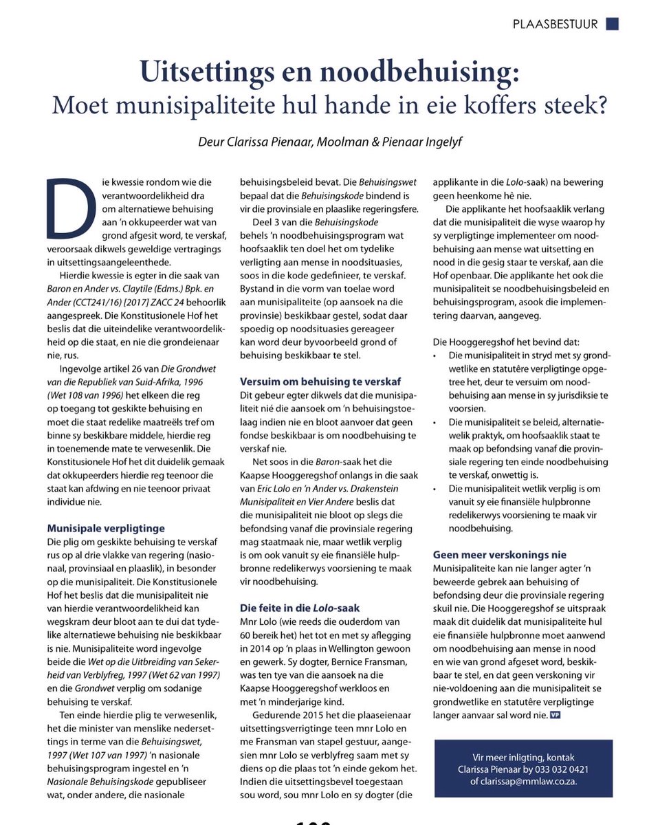 MoolmanPienaar's tweet photo. Evictions and emergency housing- should Municipalities put their hands in their own pockets?

Uitsettings en noodbehuising - moet Munisipaliteite hul hande in eie koffers steek? https://t.co/g3n7in8YMO