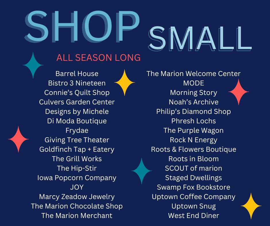 Join us for #SmallBusinessSaturday 10am - 2pm! Show your receipts from any of these participating businesses and enter to win! Visit us at our offices, 1070 7th Avenue. #marioniowa #uptownmarion #shopsmall #supportlocal