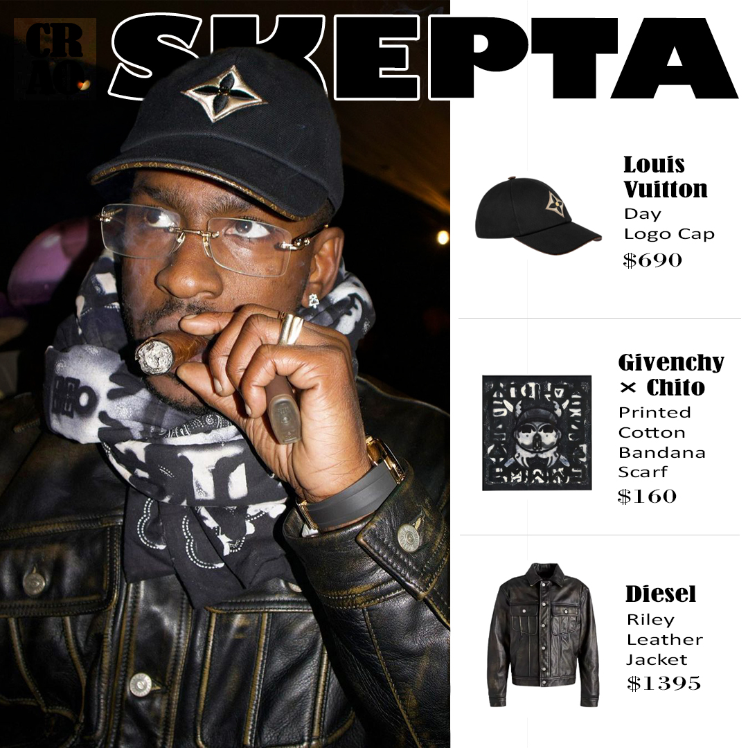 OfcaroStyle's tweet photo. Skepta wearing :
.
.
. @louisvuitton Day Logo Cap ($690)
.
. @givenchy ร Chito Printed Cotton Bandana Scarf ($160)
.
. @diesel Riley Leather Jacket ($1395)
.
.
#skepta #louisvuitton #louisvuittoncap #cap #givenchy #chito #bandana #scarf #bandanascarf #diesel #dieseljacket https://t.co/Ua7h4FdCaH