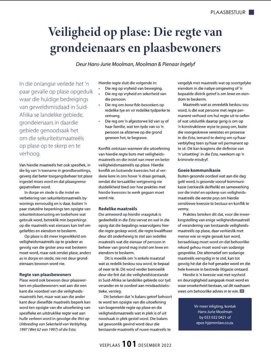 MoolmanPienaar's tweet photo. Safety on farms - the rights of landowners and farm dwellers. 

Veiligheid op plase - die regte grondeienaars en plaasbewonders. https://t.co/g3SGfvapBE