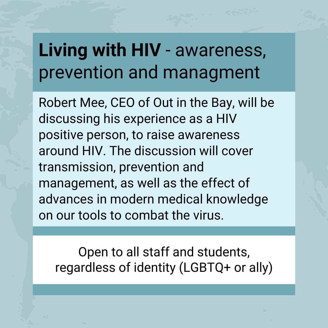 It's World AIDS Day soon, and to help with the Awareness, Prevention, and Management of the virus, we have a talk from Robert Mee of Out in the Bay. All students and staff, whether LGBTQ+ or Ally, are welcome.