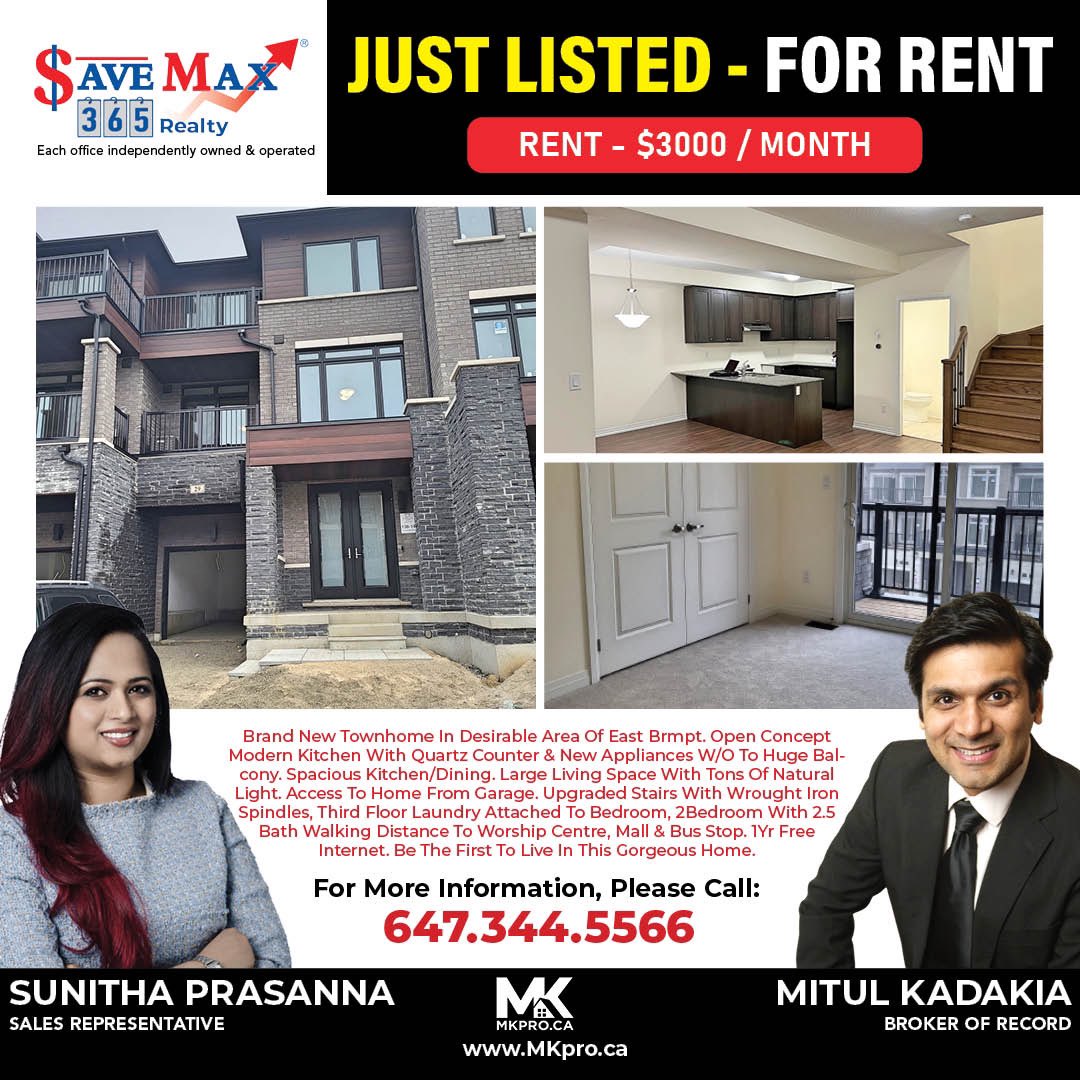Mitulkadakia's tweet photo. #justlisted #forlease in #brampton
2+1 Bedrooms, 3 washrooms,
3 storey townhouse
DM for deets or visit https://t.co/MH5g7kJYtz
.
#listed #savemax365 #realestate #realtor #rental #listing #listingagent #sellersagent #newhouse #townhouse #realtorsunitha #mitulkadakia https://t.co/UK0WsM6PSf