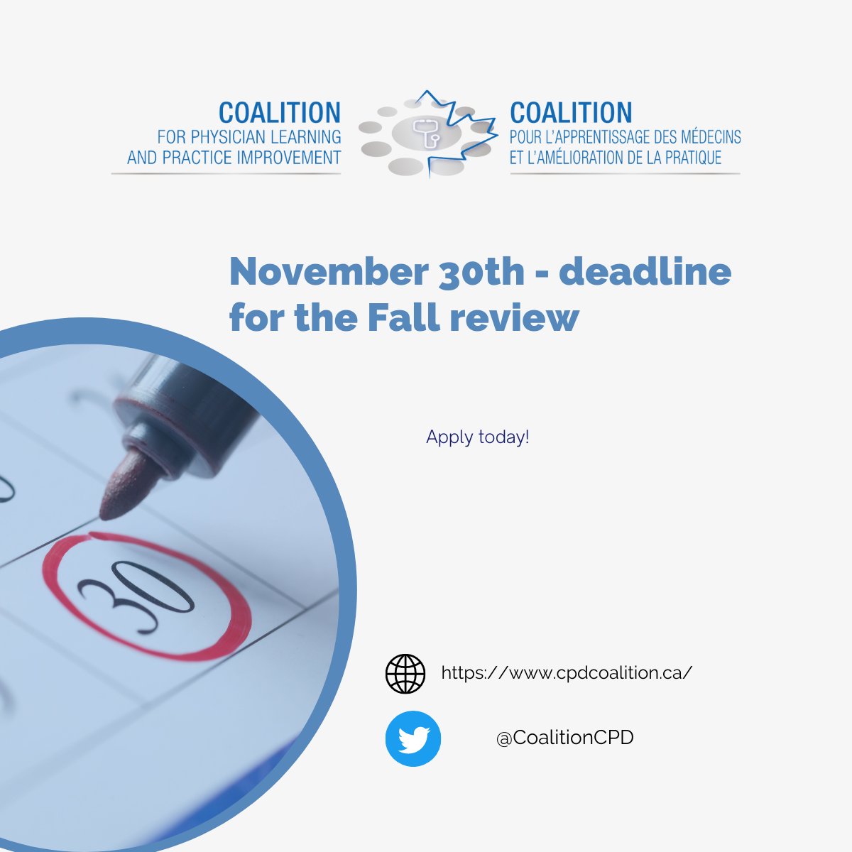 The Credential Assessment Committee is gearing up to review all the applications received for the CPC (HC) designation. 

You still have time to submit your application. You have till November 30th. 

Good luck!