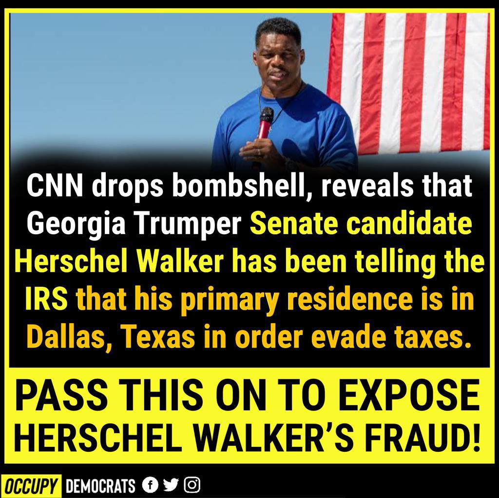warrenswil's tweet photo. #HerschelWalker busted for #TaxFraud or voter fraud. Take you pick!
Either he lives in GA or TX, not BOTH!
#MAGATs think they’re above the law! They’re NOT
He should be charged! #WarnockWillWin
#ProudBlue22 #DemVoice1 https://t.co/Xd0vBy1zbA