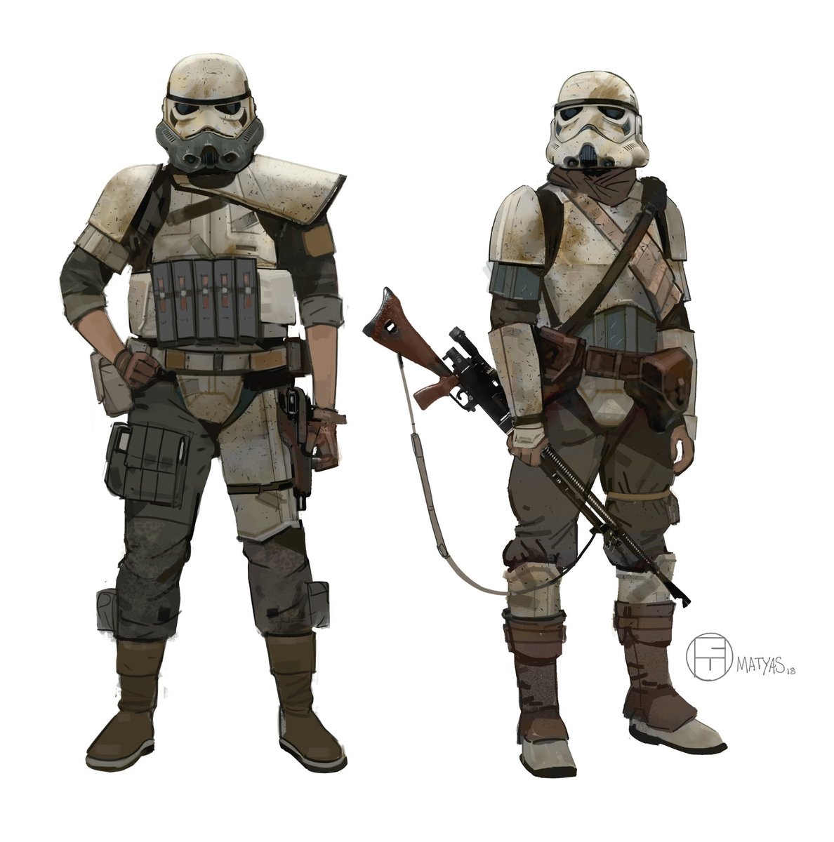 Imperial Remnant concepts for the Mandalorian, a much more bandit-guerilla aesthetic with field repairs and environmental personalizations