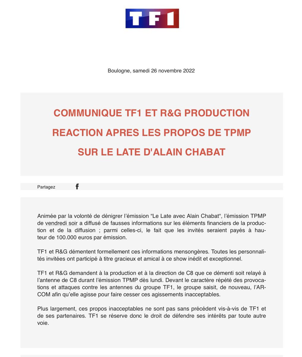 Communiqué de presse <a href="/TF1/">TF1</a> et R&amp;G Productions

Réaction après les propos de TPMP sur le Late d’Alain Chabat ⬇️