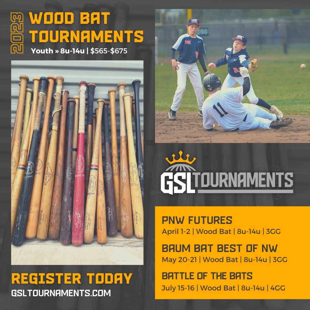 Is there a better sound than hitting the sweet spot with a wood bat?

@gsltournaments has 3 special WOOD BAT ONLY baseball tournaments in the upcoming 2023 season #gsltournaments

Space will fill up quickly so don't hesitate, lock your team in today! 👉 bit.ly/3E5ClHp