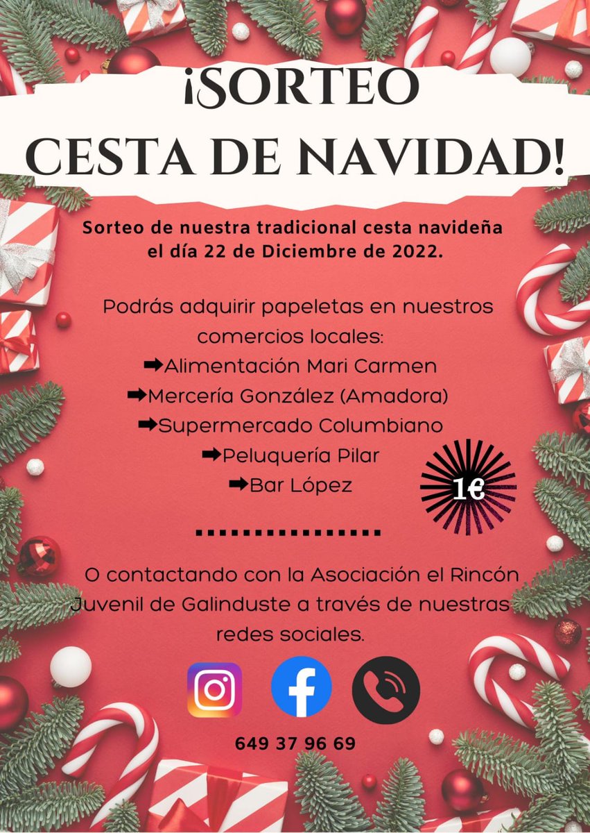 ElRinconGalin's tweet photo. 📣 Buenos días 📣
Os presentamos el cartel de nuestra tradicional cesta de Navidad 
🎫 Las papeletas pueden adquirirse, al coste de 1€ en nuestros comercios locales.
🎟️ También se pueden adquirir contactando con nosotros directamente a través de nuestras redes sociales 📩📲 https://t.co/sFs0gVzGCa