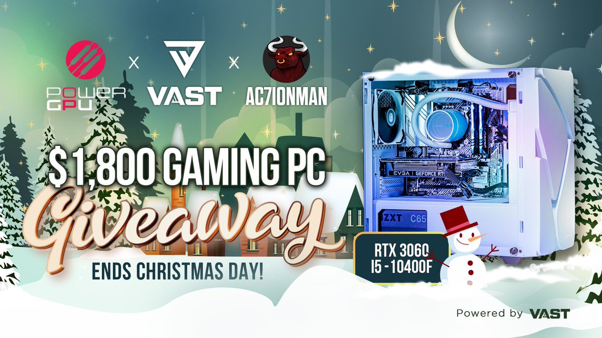 PowerGPU's tweet image. Here is 5 of 6 PC giveaways

We’re super excited to announce this $1,800 RTX 3060 Gaming PC Giveaway! 

To enter, perform these tasks via the link below:

- Retweet and like this tweet

- Follow @Ac7ionMann @PowerGPU &amp;amp; @VastGG

Enter Here: vast.link/Ac7ionman