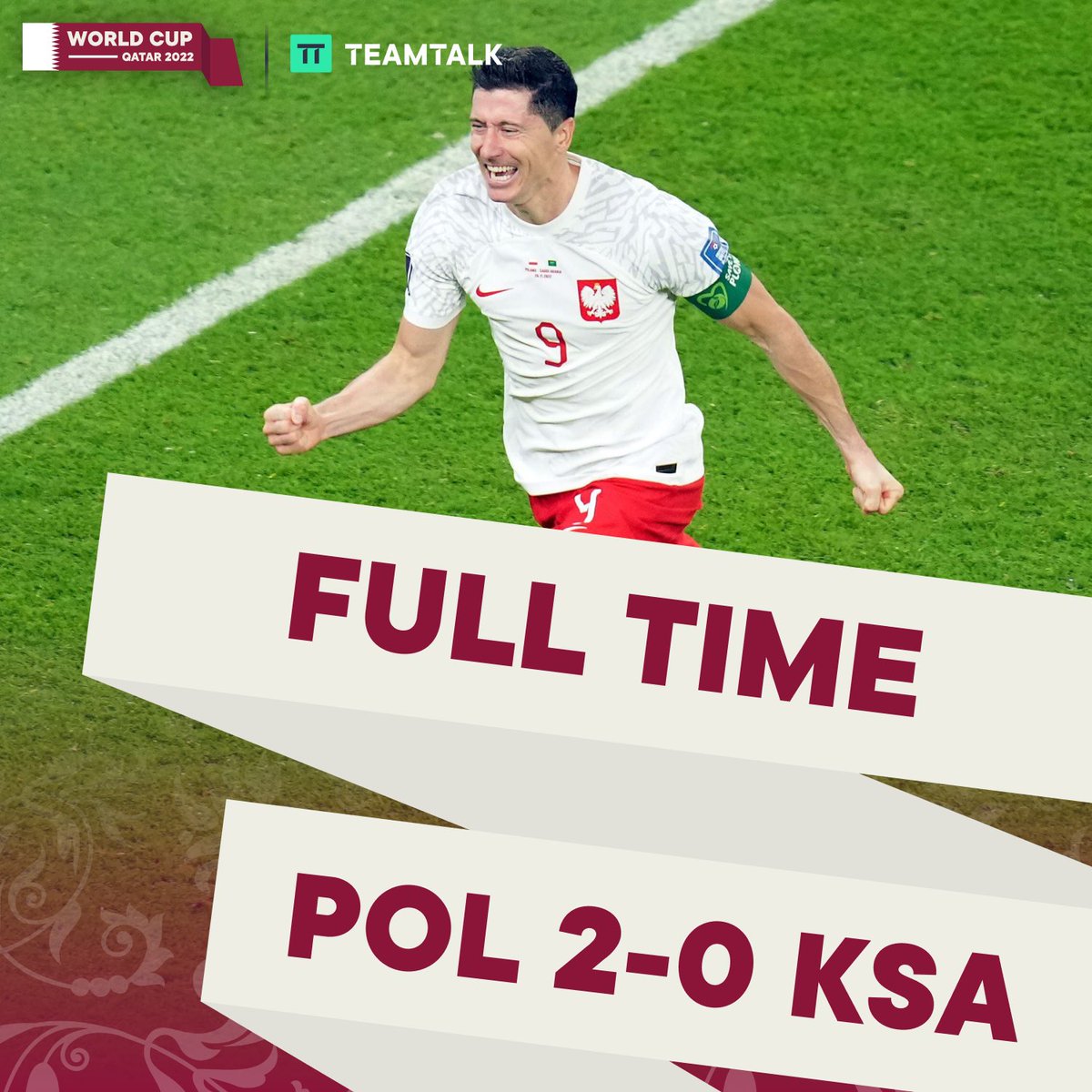 TEAMtalk's tweet photo. FT: Poland see off Saudi Arabia

Lewandowski’s first World Cup goal added to Piotr Zielinski’s opener to give the Polish all three points. 

#FIFAWorldCup https://t.co/veQyqHAL1N