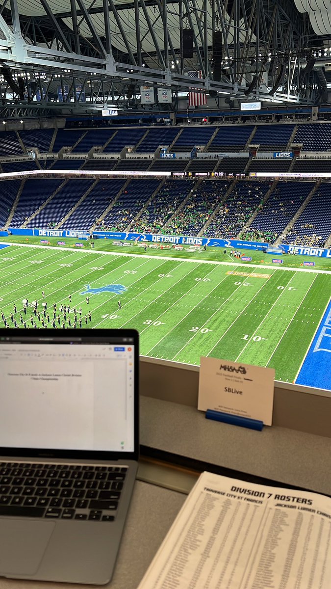 b_mcqueary6's tweet photo. Here at Ford Field today with @SBLiveSports @SBLiveMI covering the D7 State Final between @TCSFFootball and @LumenChristiFB 

Kickoff is about to get underway here.

Follow along for updates! https://t.co/bVoOYnongX