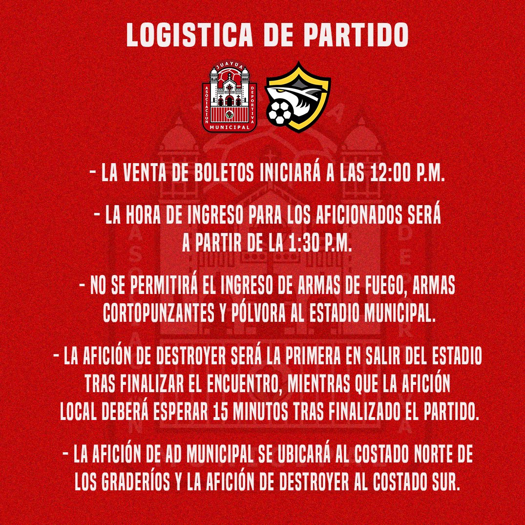 Presentamos a toda la afición la logistica que se tendrá para el duelo ante <a href="/addestroyerfc/">AD Destroyer F.C.</a>
.
Invitamos a nuestra afición a disfrutar del partido apoyando a nuestros jugadores como cada partido y evitando cualquier tipo de violencia.

#SomosAdm