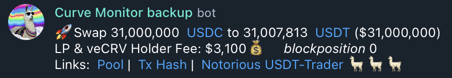 fiddyresearch's tweet photo. Someone from the community decided to revamp the Curve Monitor telegram (the one that tracks trades).

https://t.co/FTMv89OjQ3

it's even got block position of the tx! https://t.co/hrywF3o2tO