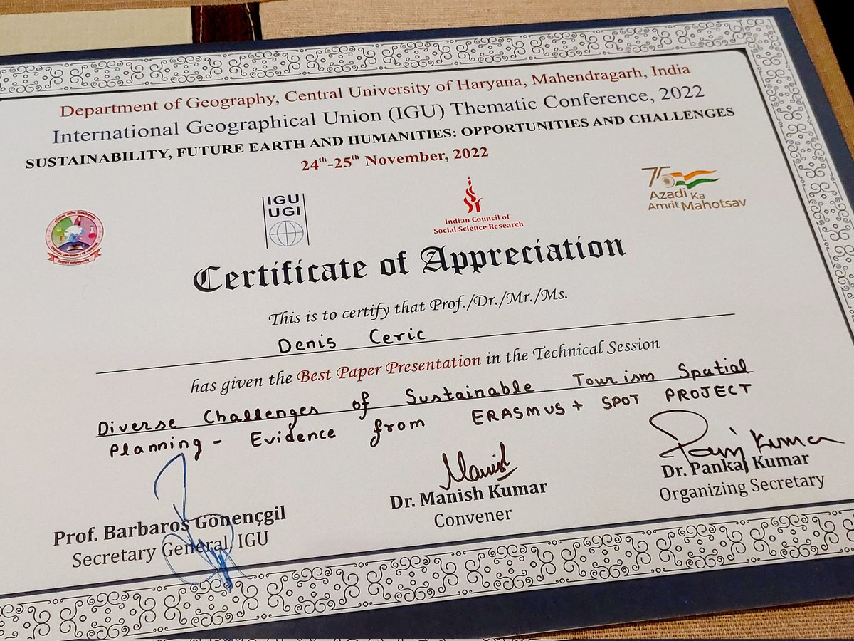 SpotErasmus's tweet photo. The @SpotErasmus project paper concerning main project's results has been presented by yesterday at the IGU conference in India. The presenter @ceric_denis from @igsopas received also a certificate of appreciation for the best presentation in the session.
#sustainabletourism https://t.co/P7XbM6Vjiz