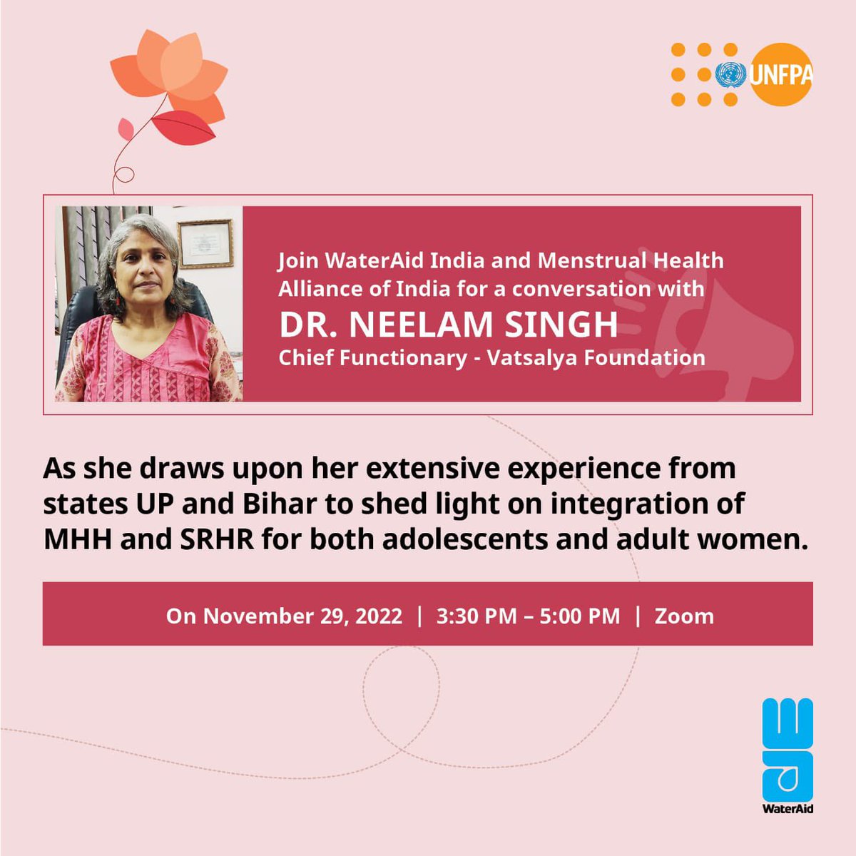 WaterAidIndia's tweet photo. Join #WaterAidIndia and Menstrual Health Alliance of India for a conversation with Dr. Neelam Singh, Chief Functionary - Vatsalya Foundation on November 29, 2022 , Time 3.30 PM- 5 .00 PM IST. 
Webinar Link: https://t.co/j9jCCuN02n

#WaterAid #WASH #MHAI #Webinar #Rights #India https://t.co/7Cr16GkYPn