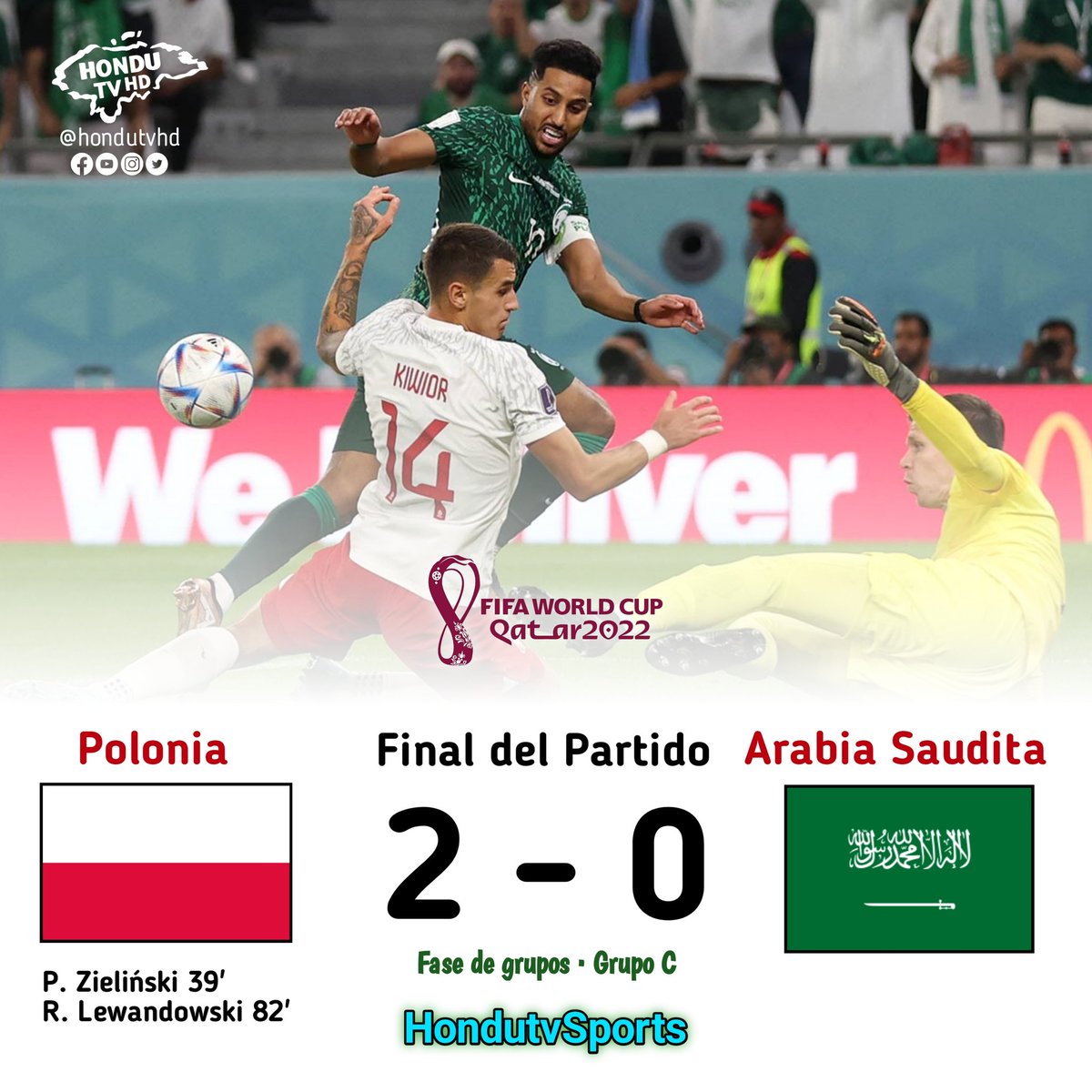 #hondutvsports | Este fue el resultado entre la selección de Polonia vs Arabia Saudita #Qatar2022