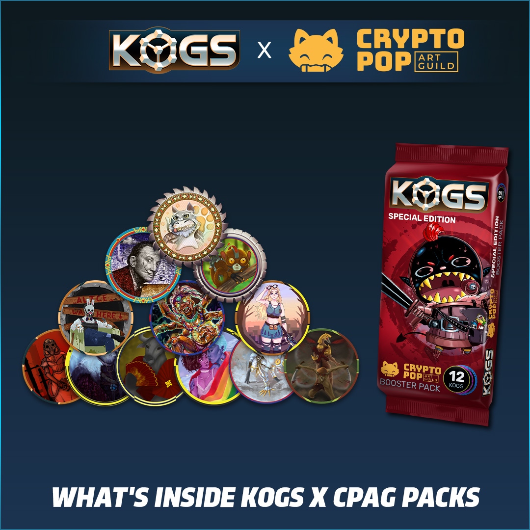 KOGS_GG's tweet photo. For just $6 per KOGs x CPAG booster pack, you can get:

*6 common KOGs
* 3 uncommon KOGs
* 1 rare KOG
* 1 special slot 
* 1 common slammer.

That's multiple NFTs in one go! Join the sale: https://t.co/1VdAjfkHSQ https://t.co/3ZPlWHCqQE