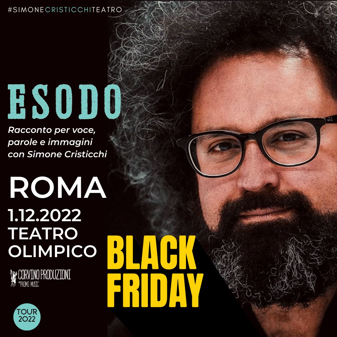 #BlackFriday TEATRO! 
Sconto #Biglietti  per Simone Cristicchi 'ESODO' al Teatro Olimpico il 1.12.2022 AL LINK: bit.ly/3cHkLQC

#Teatro #simonecristicchi 
#simonecristicchiteatro 
#esodogiulianodalmata