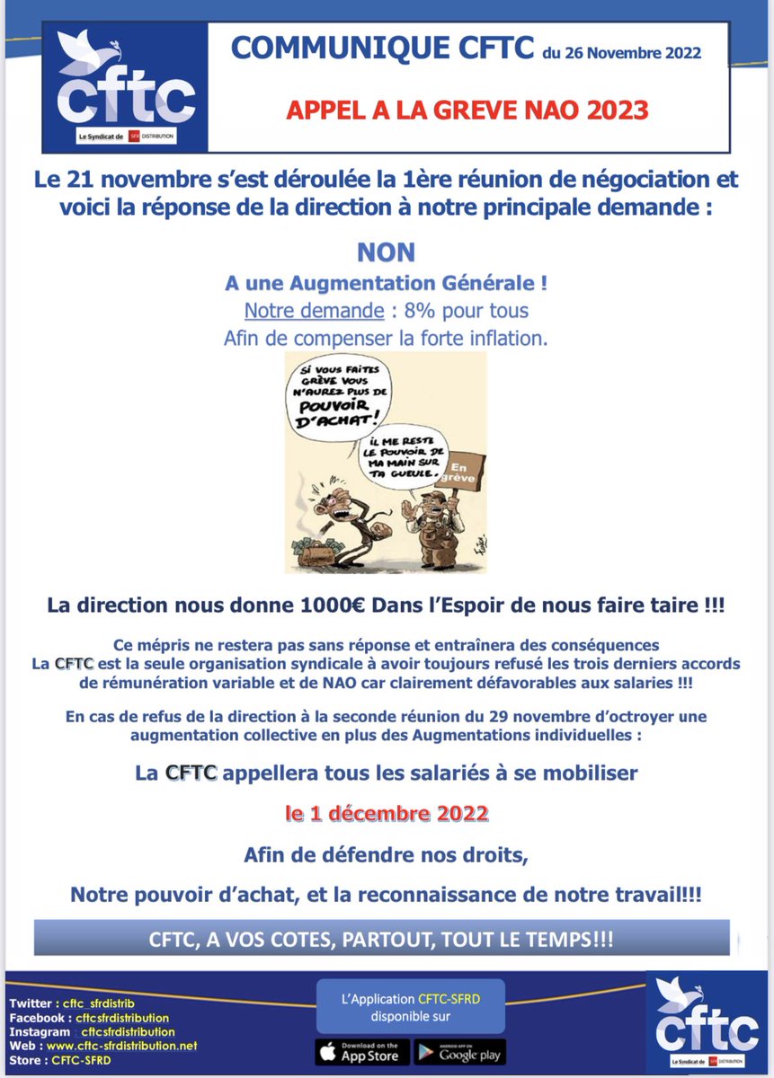 cftc_sfrdistrib's tweet photo. 🚨🚨#CFTC GRÈVE !!!🚨🚨
préparez-vous à l’appel à la grève nationale chez SFRD.
➡️ La direction propose 0% d’augmentation collective alors que l’inflation à date est de 6,6% !!!
Partagez l’info et le tract
#SFRD #SFR #sfrdistribution https://t.co/DWPoaG7bEu