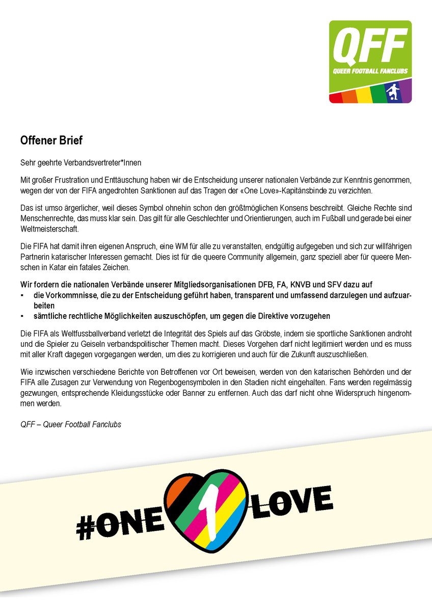 Offener Brief von <a href="/QFForg/">QFF International</a> an <a href="/DFB/">DFB (Verband)</a> <a href="/SFV_ASF/">Swiss Football Association</a> <a href="/FA/">The FA</a> <a href="/KNVB/">KNVB</a> #OneLove #FIFAWorldCupQatar2022