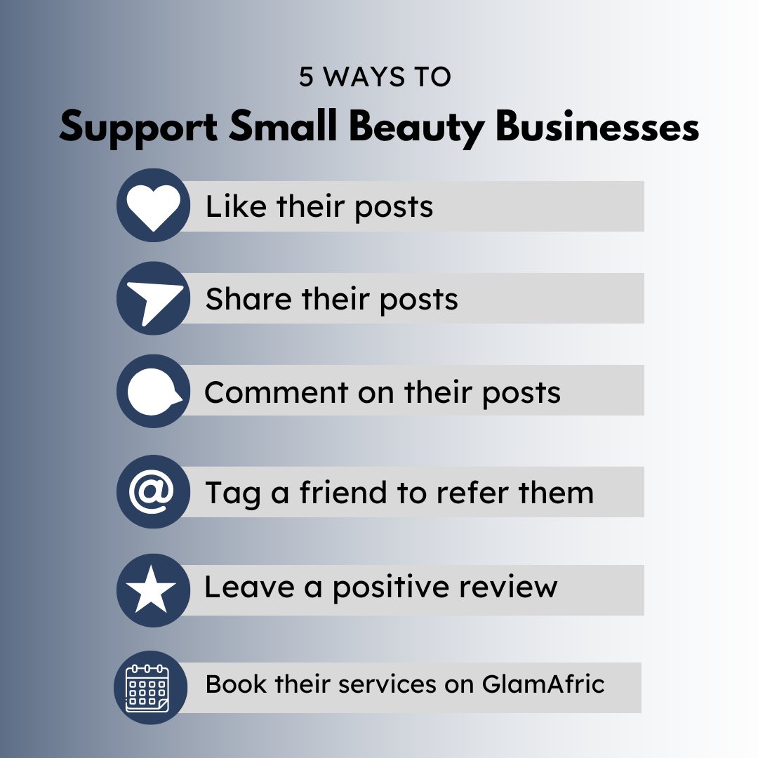 Looking for ways to support small businesses on #SmallBusinessSaturday?

We've got you!

#GlamAfric #BeautyBusiness #AfricanBeautyBusiness #shopsmallbusiness  #beautybusiness #bookingapp #onlinebooking #beautyappointments #appointmentbooking #onlinebookingsystem