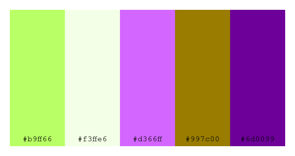 ColPaletteBot's tweet photo. Beep beep, here's a pretty color palette for you!
color-scheme.js parameters used:
- hue: 302
- variation: hard
- colors: #b9ff66, #f3ffe6, #d366ff, #997c00, #6d0099
Have a lovely day!
#twitterbot #colorpalette #colors #palette #prettycolors https://t.co/HS3N1o19X3