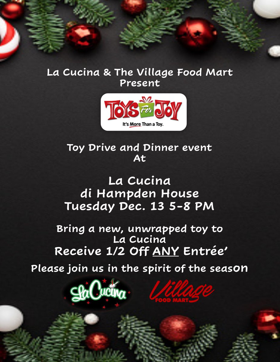 The Village Store and La Cucina present "Toys for Joy" Toy Drive and Dinner event. Tuesday Dec 13, 5-8 PM.
Bring a new and unwrapped Toy to La Cucina and receive 1/2 off ANY Entree
Please give in the Spirit of the Season