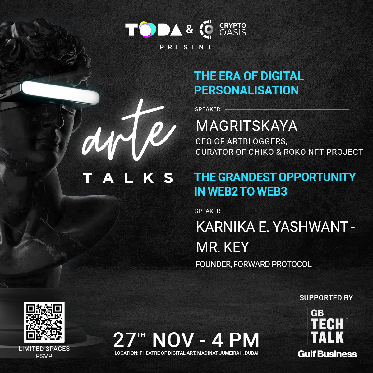 CryptoOasisUAE's tweet photo. Join us tomorrow on our 6th episode of #artetalks!
Hear presentations by leaders in the #Blockchain & #Web3 space.
🎙️@KarnikaYashwant, @ForwardProtocol Founder
🎙️Anna Lebedeva, #ArtBloggers CEO, Curator of @chiko_roko
🗓️ Nov 27
⏰ 4PM
📍@TODADXB
RSVP👉 https://t.co/b0rd2jL7R1 https://t.co/WfFfCTwe7v
