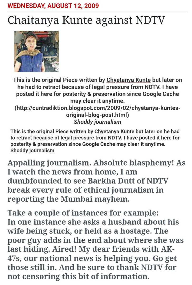 JaiViraj7's tweet photo. #DontForgetPak2611 
Chaitanya Kunte was forced to delete his blogpost and go off social media permanently, as Barkha Dutt and NDTV had issued legal notice against him, for a post against Barkha Dutt's irresponsible journalism during 26/11. https://t.co/v1o7YSNrpY